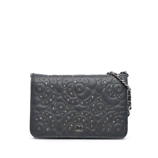 Black Chanel Studded Lambskin Camellia Wallet On Chain Crossbody Bag