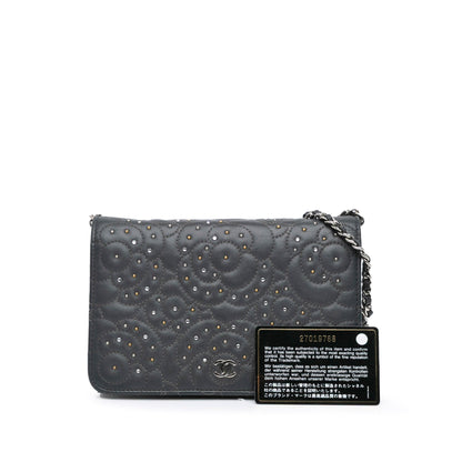 Black Chanel Studded Lambskin Camellia Wallet On Chain Crossbody Bag