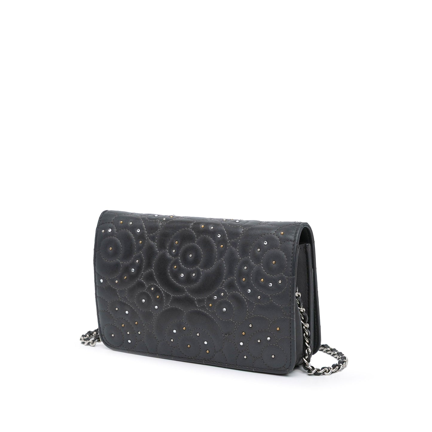 Black Chanel Studded Lambskin Camellia Wallet On Chain Crossbody Bag