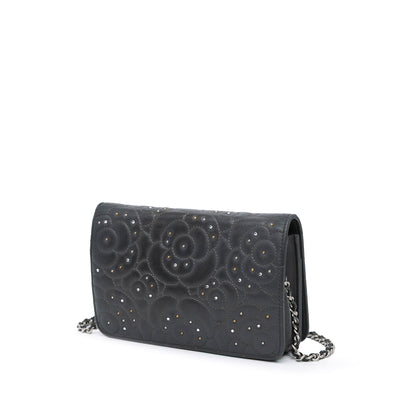 Black Chanel Studded Lambskin Camellia Wallet On Chain Crossbody Bag