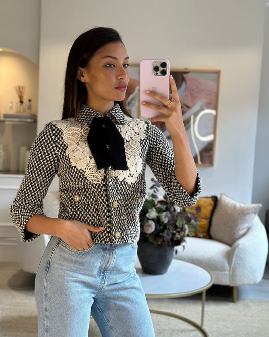 Gucci Black and White Tweed Jacket with Lace Detail and GG Buttons Size IT 36 (UK 4)