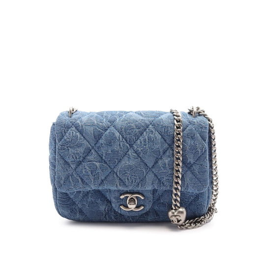 Blue Chanel Mini Quilted Denim Camellia Sweetheart Flap Crossbody Bag
