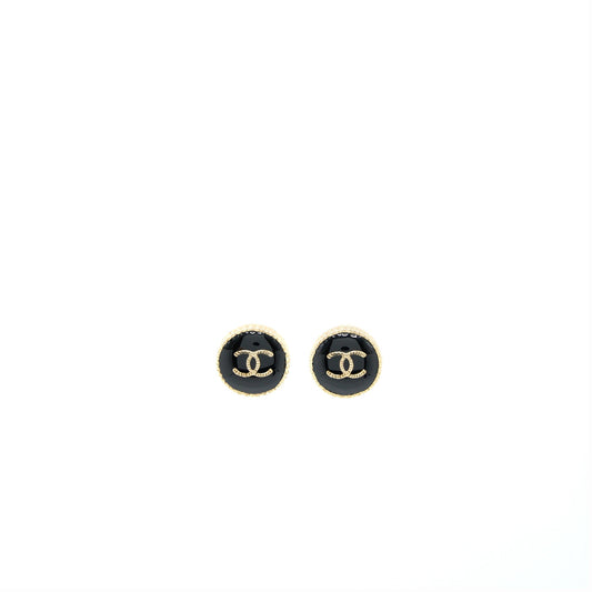 Chanel Round CC Logo Earrings Black/Gold In Gold Tone