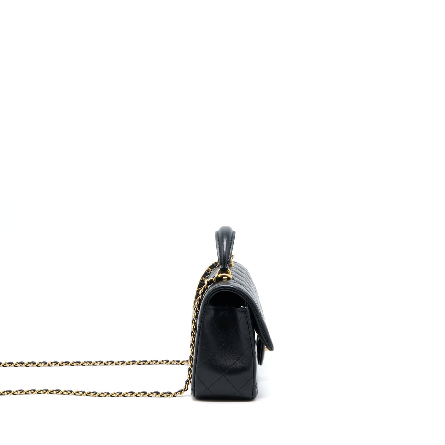 Chanel 21K Top Handle Mini Rectangular Flap Bag Lambskin Black Brushed GHW(Microchip)