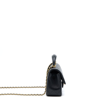 Chanel 21K Top Handle Mini Rectangular Flap Bag Lambskin Black Brushed GHW(Microchip)