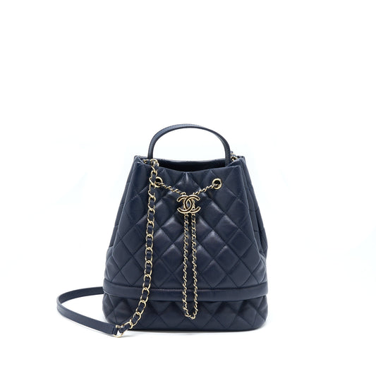 Chanel Top Handle Bucket Bag Caviar Navy Blue LGHW