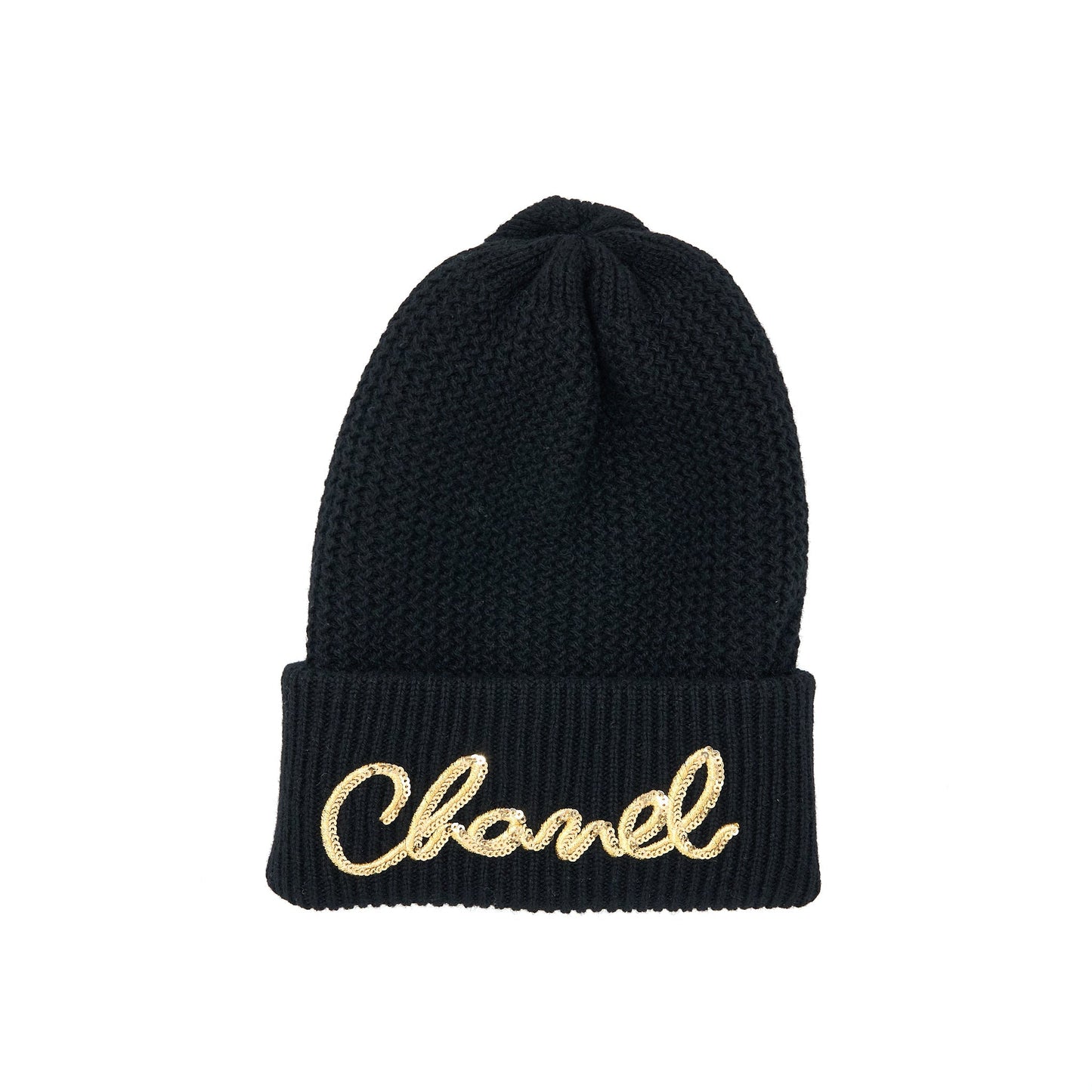 Chanel Cashmere Beanie Black With Gold Letters