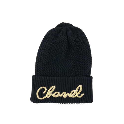 Chanel Cashmere Beanie Black With Gold Letters
