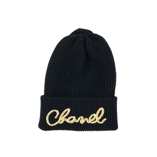 Chanel Cashmere Beanie Black With Gold Letters