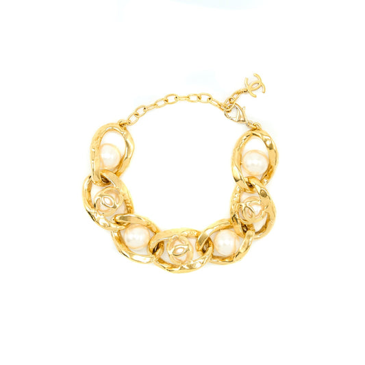 Chanel CC Logo With Pearl Bracelet Gold Tone