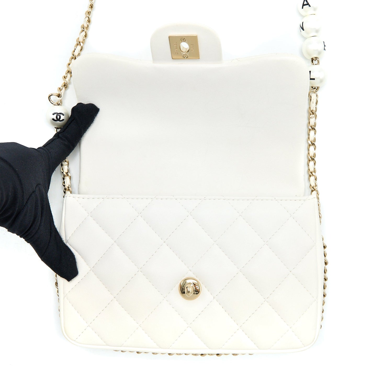 Chanel Small Pearl Logo Chain Bag Lambskin White LGHW