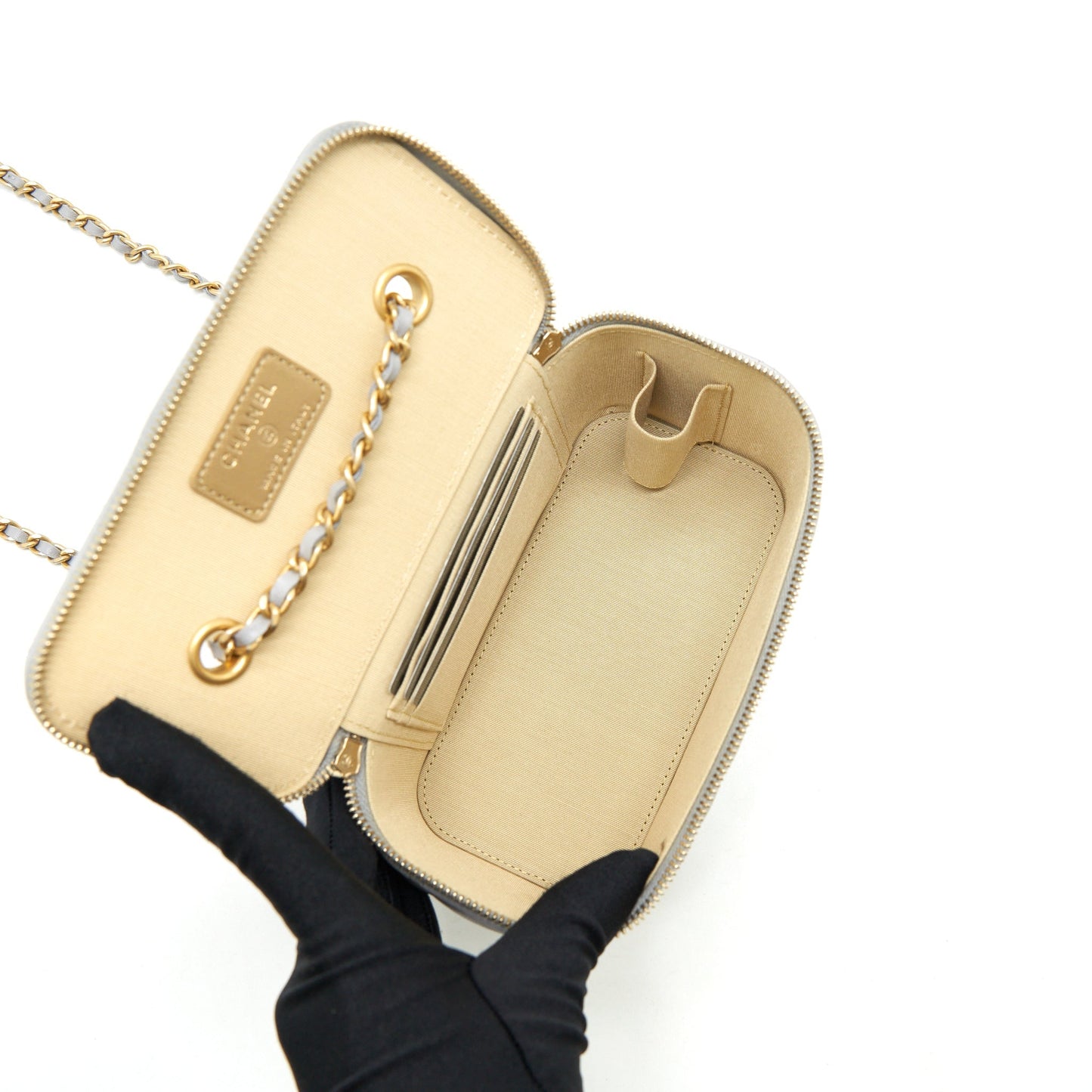 Chanel 21B Pearl Crush Long Vanity With Chain Lambskin Grey GHW