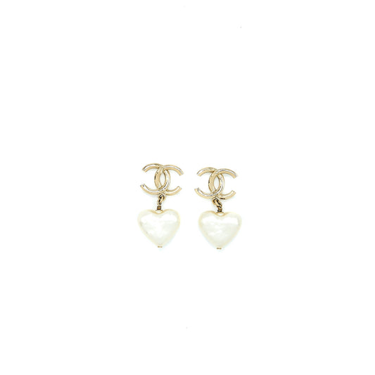 Chanel 22C CC Logo Heart Drop Earring Light Gold Tone