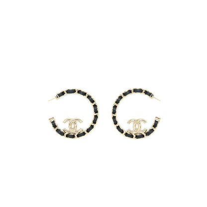 Chanel 22P Round CC With Black Leather Earrings Light Gold Tone