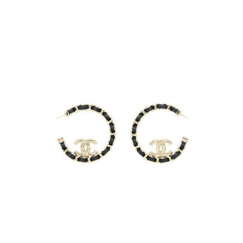 Chanel 22P Round CC With Black Leather Earrings Light Gold Tone