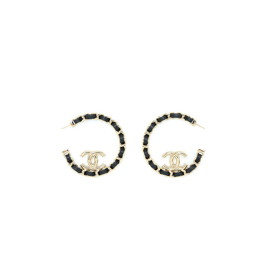 Chanel 22P Round CC With Black Leather Earrings Light Gold Tone