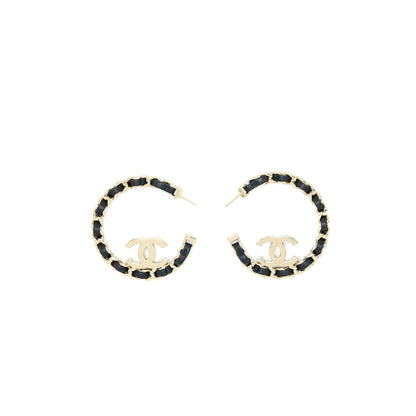 Chanel 22P Round CC With Black Leather Earrings Light Gold Tone