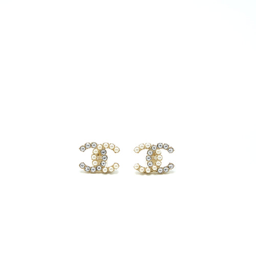 Chanel CC Logo Crystal And Pearl Ear Clips Light Gold Tone