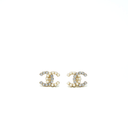 Chanel CC Logo Crystal And Pearl Ear Clips Light Gold Tone