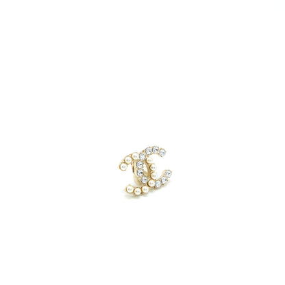Chanel CC Logo Crystal And Pearl Ear Clips Light Gold Tone