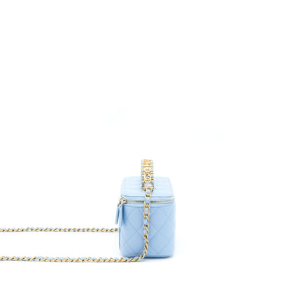 Chanel 22S Letter Logo Top Handle Long Vanity With Chain Caviar Light Blue GHW
