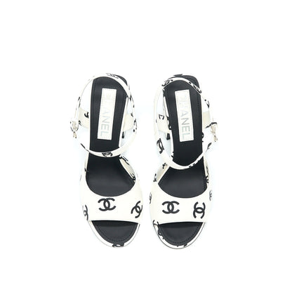 Chanel Size 37 CC Logo Leather Sandal Black/White SHW