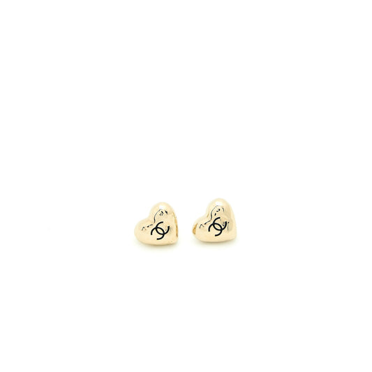 Chanel Small Heart Logo Earrings Light Gold Tone