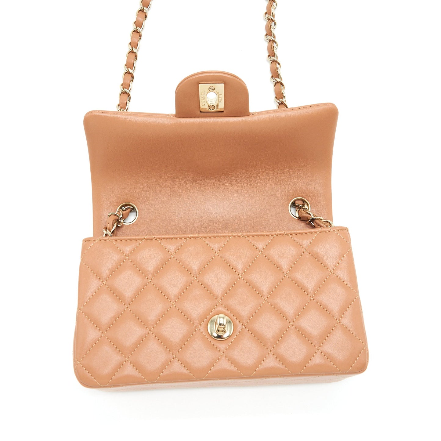 Chanel Mini Rectangular Flap Bag Lambskin Caramel LGHW