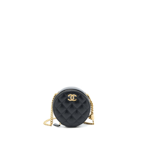 Chanel 22K Gold Pillar Round Clutch With Chain Lambskin Black Brushed GHW