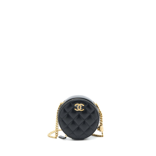 Chanel 22K Gold Pillar Round Clutch With Chain Lambskin Black Brushed GHW