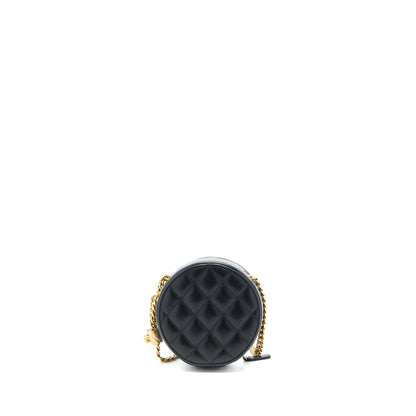 Chanel 22K Gold Pillar Round Clutch With Chain Lambskin Black Brushed GHW