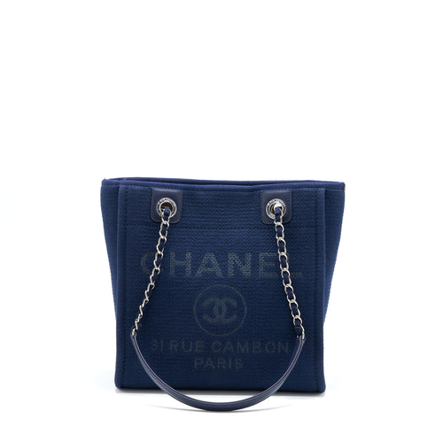 Chanel PM Deauville Tote Bag Canvas Navy SHW (Microchip)