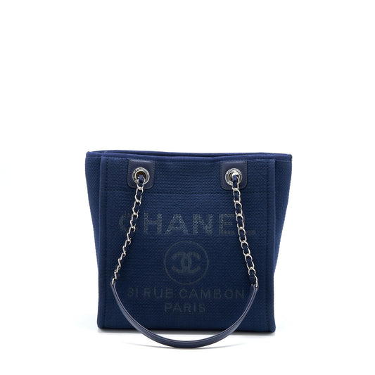 Chanel PM Deauville Tote Bag Canvas Navy SHW (Microchip)