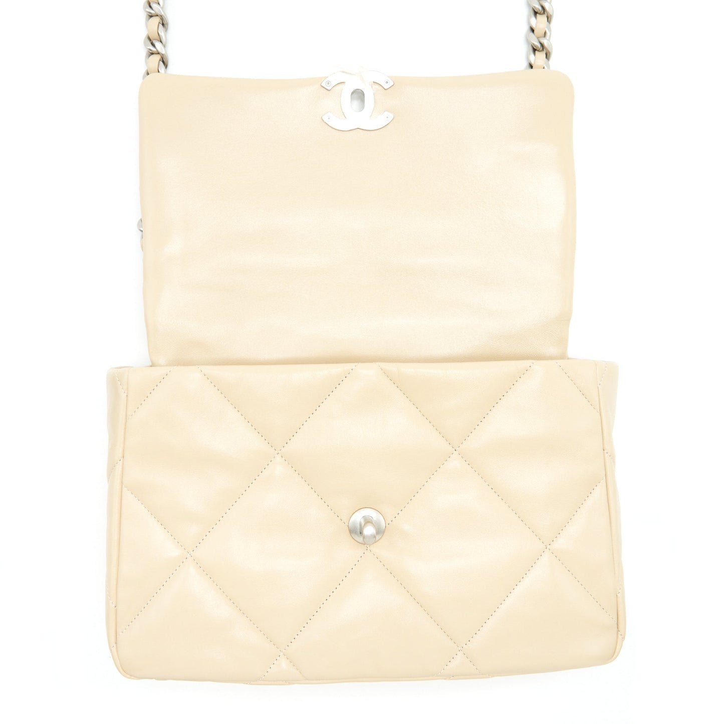 Chanel Medium 19 Bag Quilted Goatskin leather Light Beige Gold/Silver Hardware (Microchip)