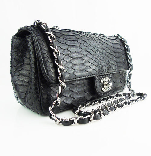 CHANEL black python exotic leather classic mini rectangular flap bag