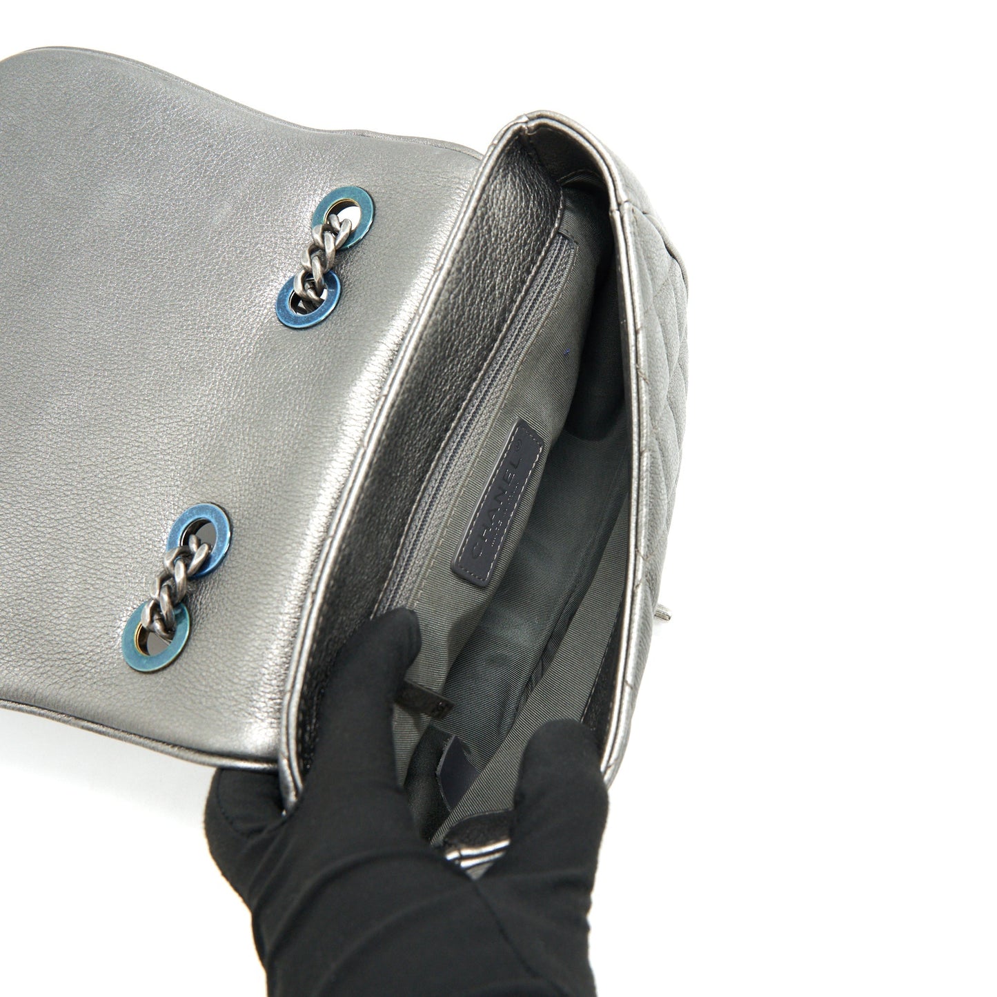 Chanel CC Logo Quilted Calfskin Flap Bag In Metallic Dark Grey