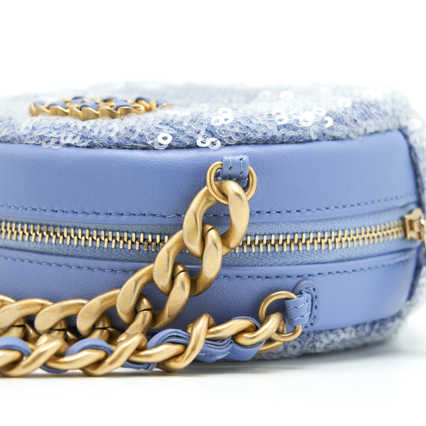 Chanel 19 Round Clutch With Chains Sequins Light Blue Multicolour Hardware