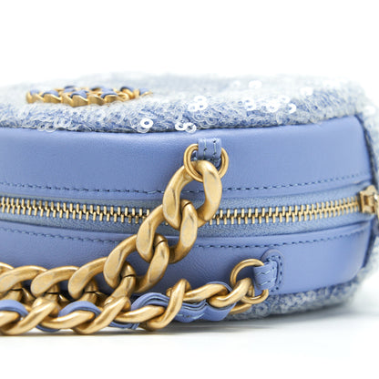Chanel 19 Round Clutch With Chains Sequins Light Blue Multicolour Hardware