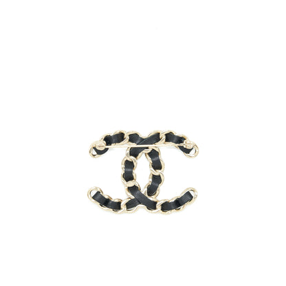 Chanel CC Logo Leather Chain Brooch Black And Light Gold Tone