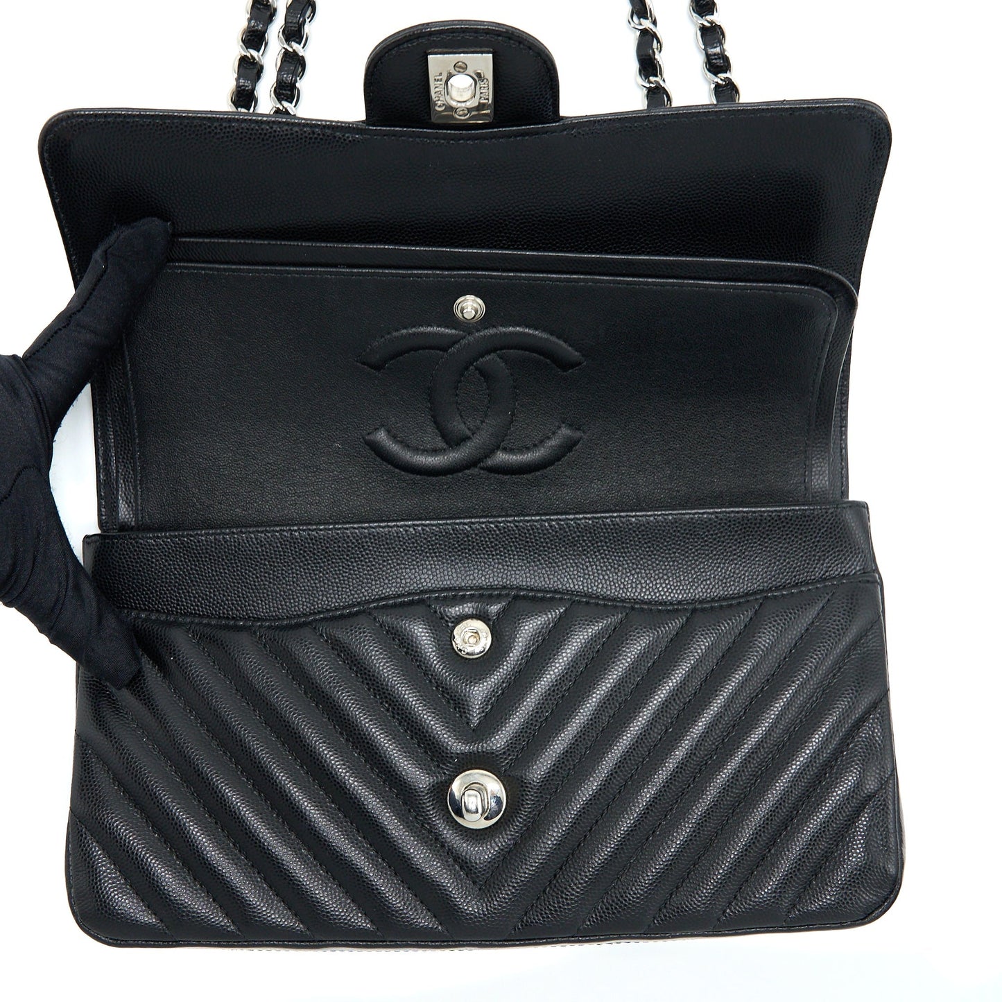 Chanel Medium Classic Double Flap Bag Chevron Caviar Black SHW
