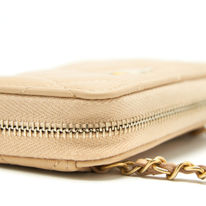 Chanel 22C Pearl Crush Card Holder With Chain Beige GHW
