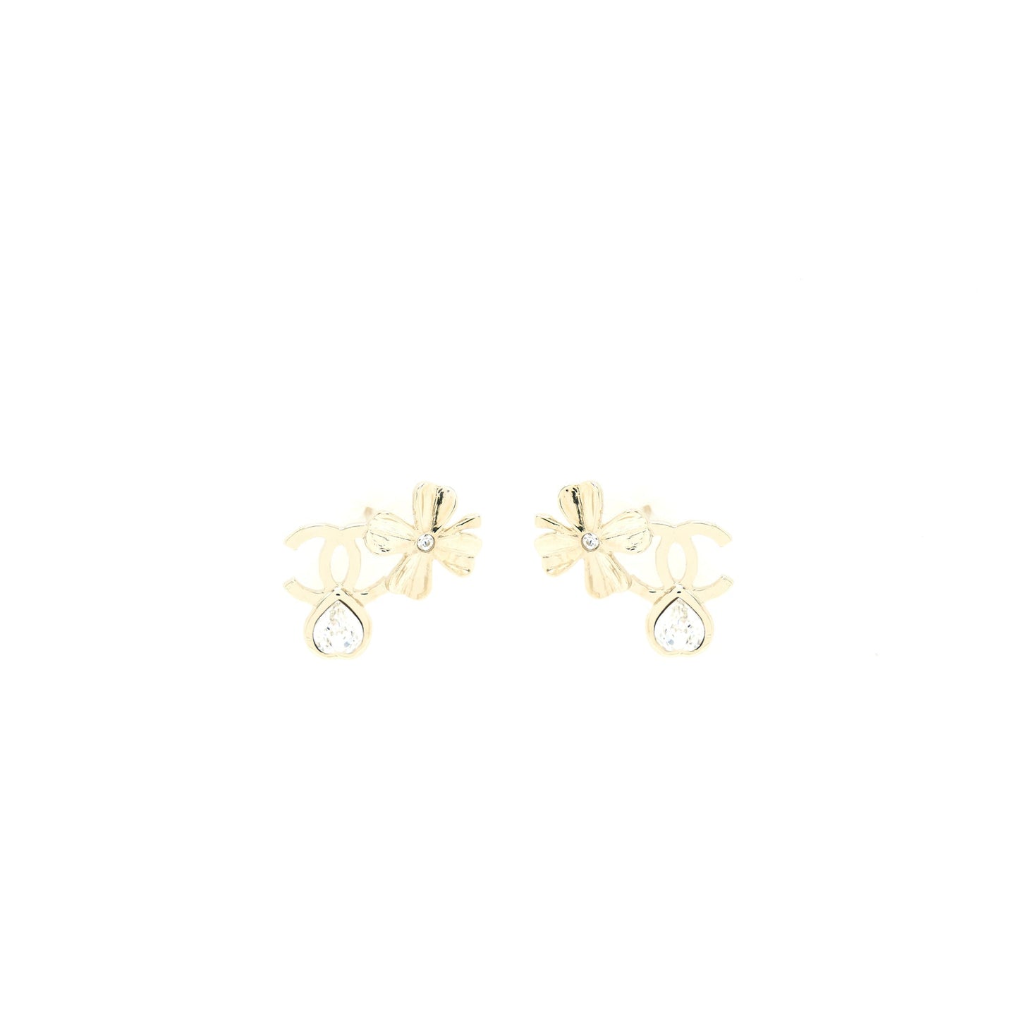 Chanel 22S CC Logo And Clover Earrings Light Gold Tone