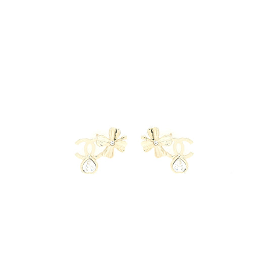 Chanel 22S CC Logo And Clover Earrings Light Gold Tone