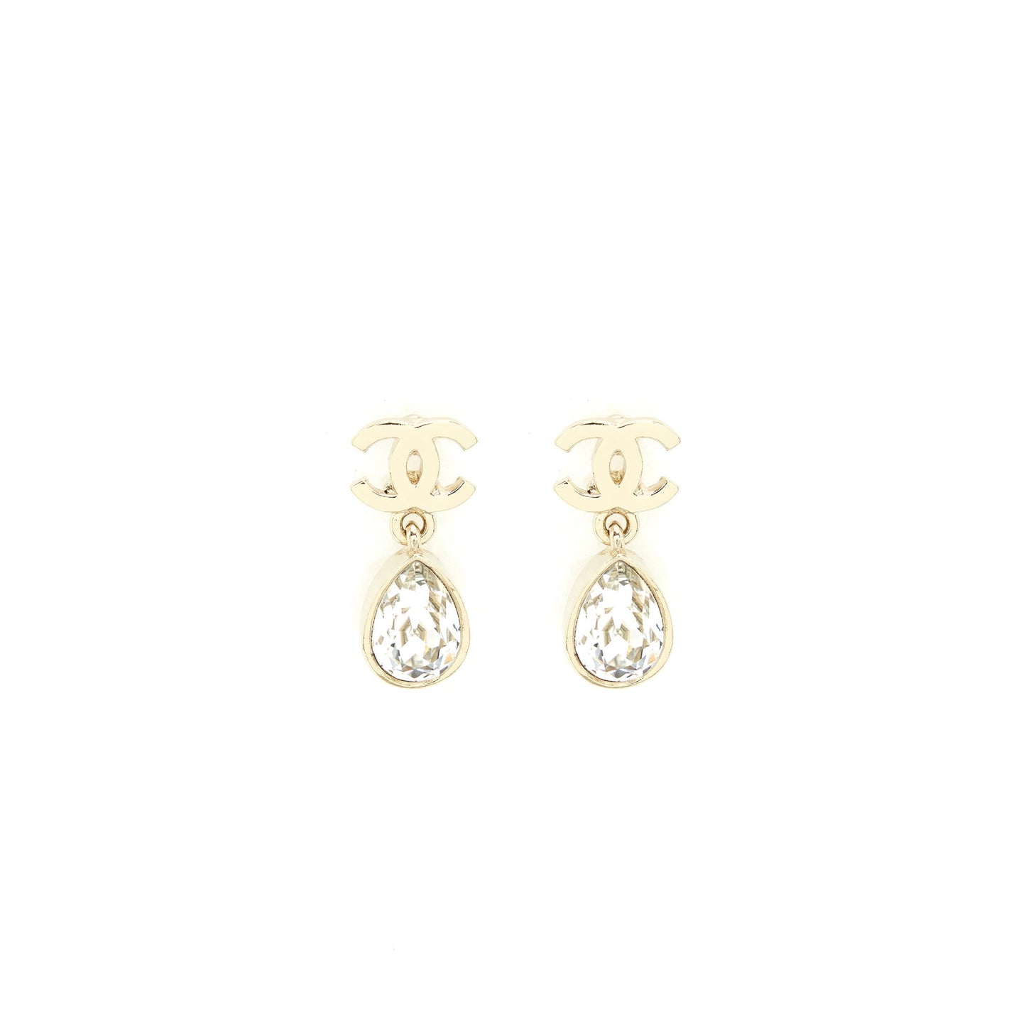 Chanel CC And Crystal Drop Earrings Light Gold Tone