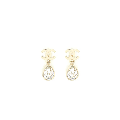 Chanel CC And Crystal Drop Earrings Light Gold Tone