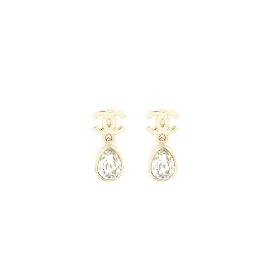 Chanel CC And Crystal Drop Earrings Light Gold Tone