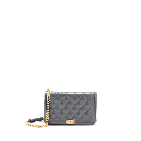 Chanel 22A Boy Wallet On Chain Grained Calfskin Dark Grey Brushed GHW (Microchip)