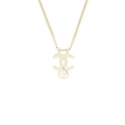 Chanel CC Logo And Crystal Necklace Light Gold Tone