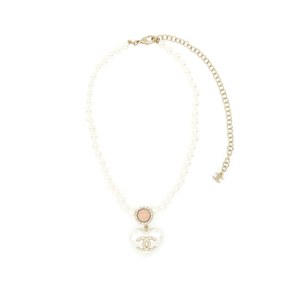 Chanel Pearl Necklace With Heart Pearl Crystal CC Logo LGHW
