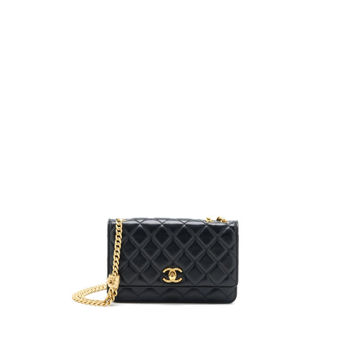 Chanel 22K Gold Pillar Wallet On Chain Lambskin Black Brushed GHW (Microchip)
